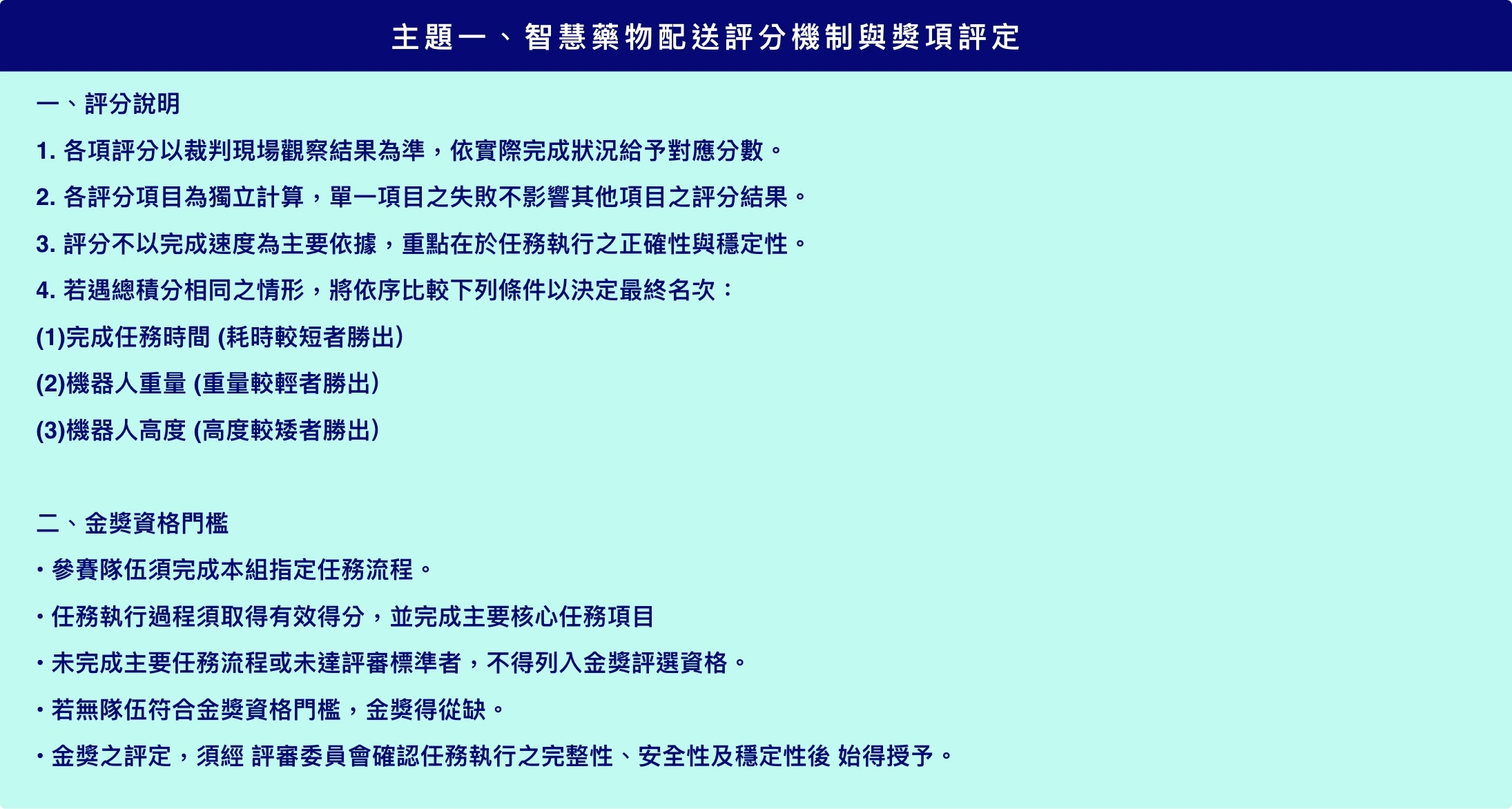 主題一 智慧藥物配送 評分機制與獎項評定